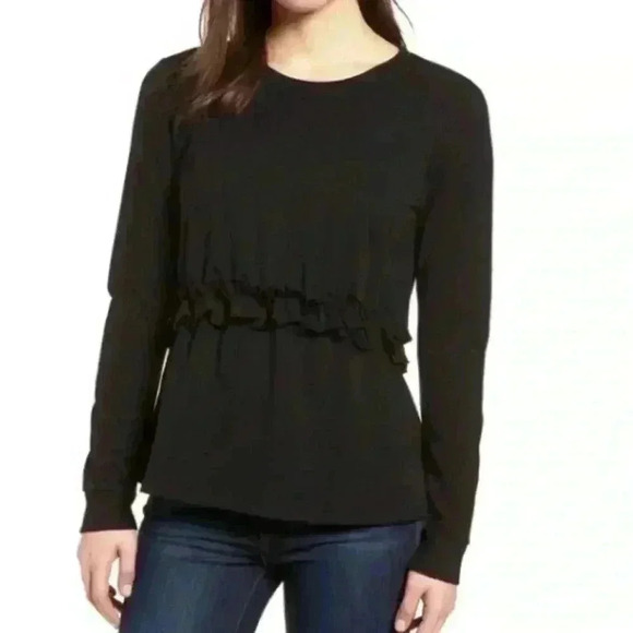 HALOGEN Black Cotton Crew Neck Ruffle Sweatshirt Size SP - Picture 1 of 8